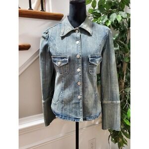 PZI Denim Women Blue Cotton Long Sleeve Buttons Front Jeans Jacket Blazer Size M